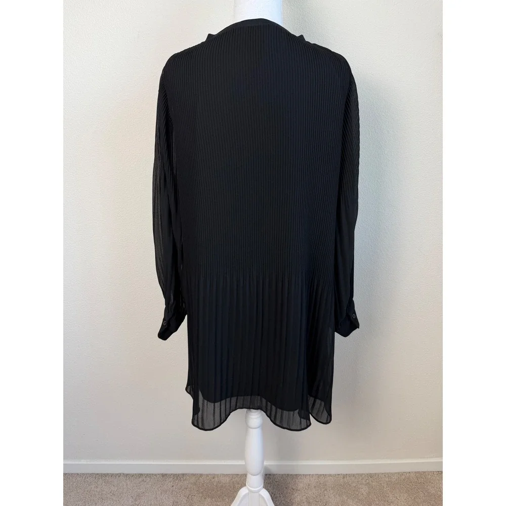 Zara Women Chiffon Mini Dress S Black Pleated Oversized Long Sleeve Shift Lined
